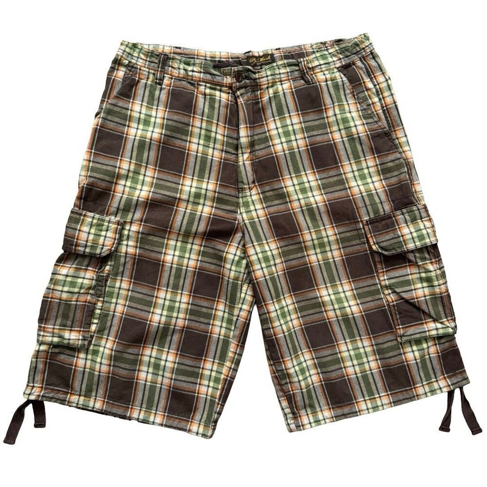 Vintage PJ Mark Cargo Shorts Drawstring Mens 40 Green Orange Baggy Skater Y2K